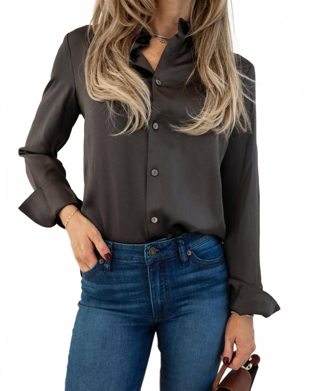 NEW DIOMI sateen fitted silk button down blouse in grey